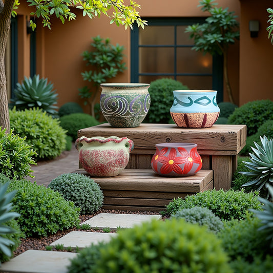 Large Four-Pot Set Bohemian Style Colorful Ceramic Planters with Drainage Holes - Indoor/Outdoor Decorative Succulent Pots for Home, Garden, or Patio, Indoor Outdoor Pots | Bohemian Style Pots | Ceramic Planters, Succulent Planters