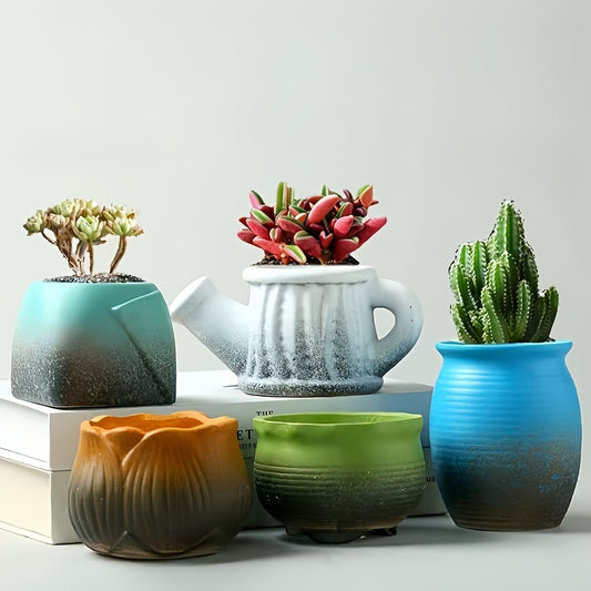 5 new perfect combination ceramic flower pots, ventilation and breathable with drainage holes, spring, summer, cactus, succulent flower pots, retro ceramic potted plants, home, living room, study, windowsill, indoor desktop decoration