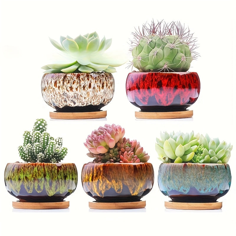 Cute Ceramic Succulent Garden Pots, Planter with Drainage, Set of 5 -Plants and tray Not Included (Round)