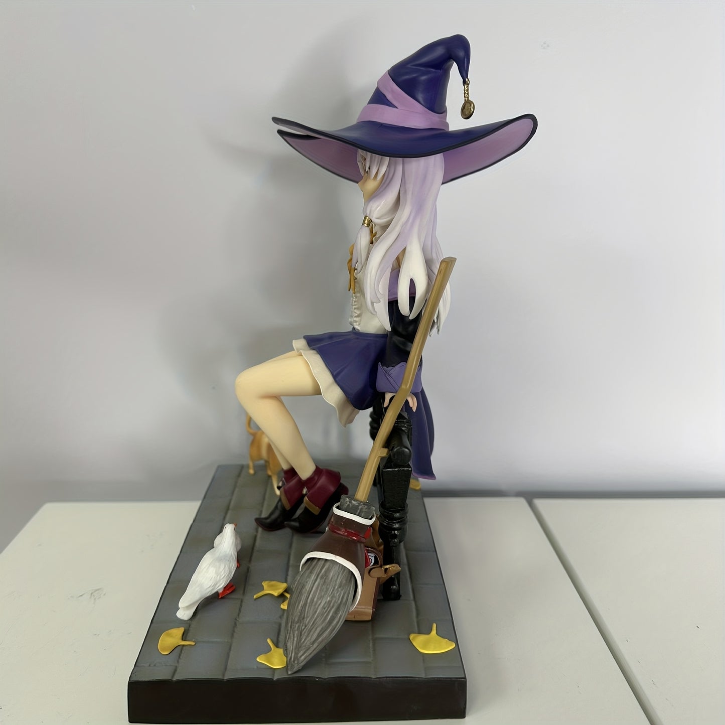 1pc Lifelike Anime Character Statue with Magical Hat, Purple Dress & White Ribbon - Detailed Collectible Figurine with Cat, Doves, and Broomstick - Perfect for Home or Office Decor, Anime Figurine, Desk Accessory, Whimsical Design, Intricate Craftsmanshi