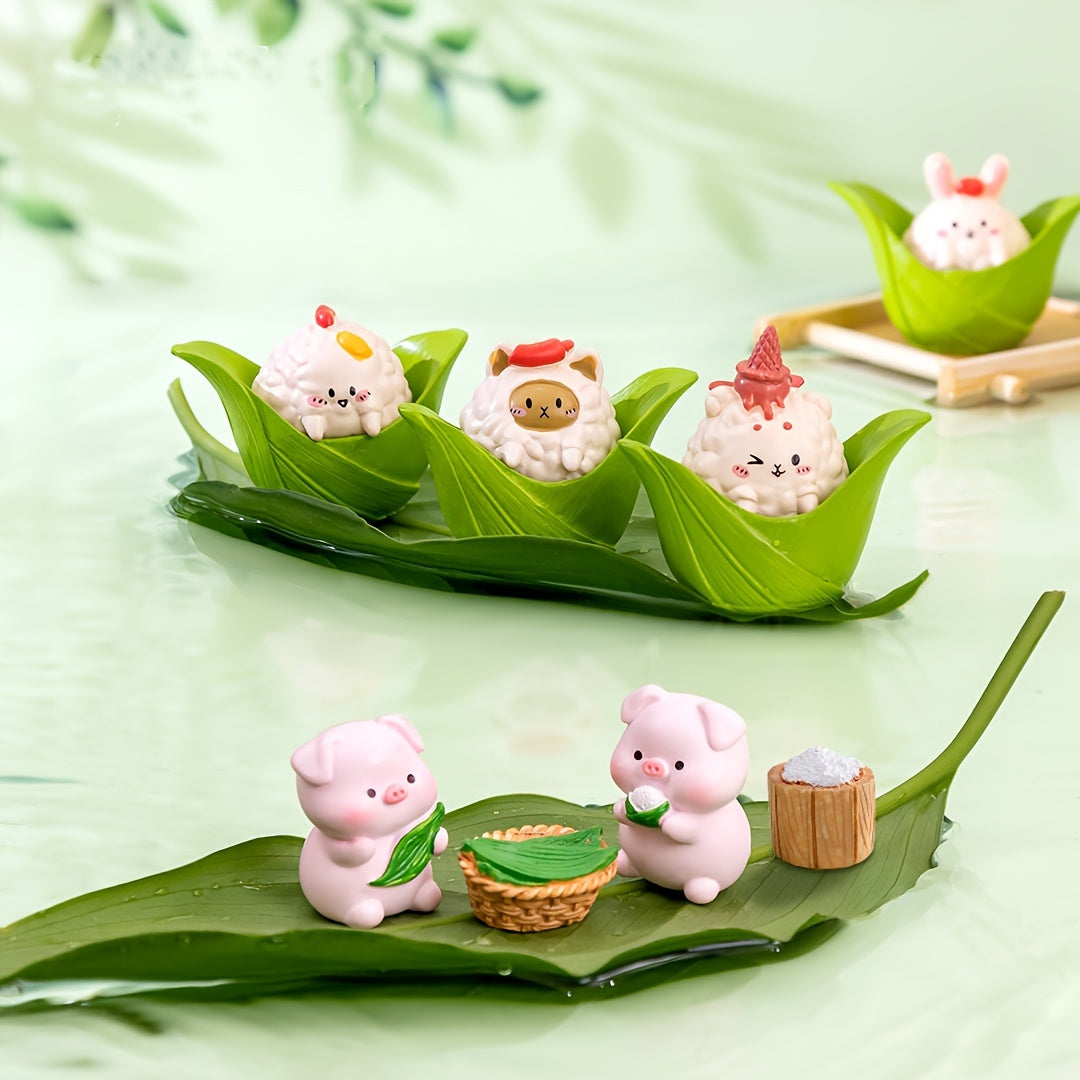 8pcs Whimsical Dragon Boat Festival Rice Dumpling & Pig Figurine Set - Cute Resin Micro Landscape Decor for Desktop & Outdoor, Perfect DIY Gift Accessories, Christmas Decor