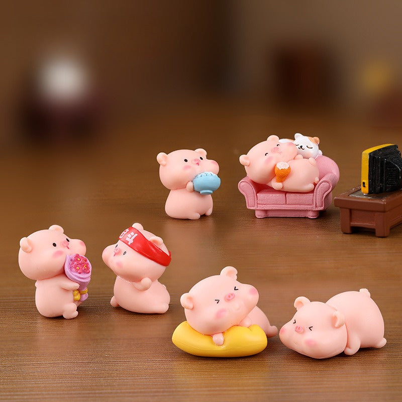 2D Flat 6pcs Miniature Landscape Ornaments Creative Cute Little Piggy Animal Doll Plastic Decorations Accessories Car Desktop Small Ornaments