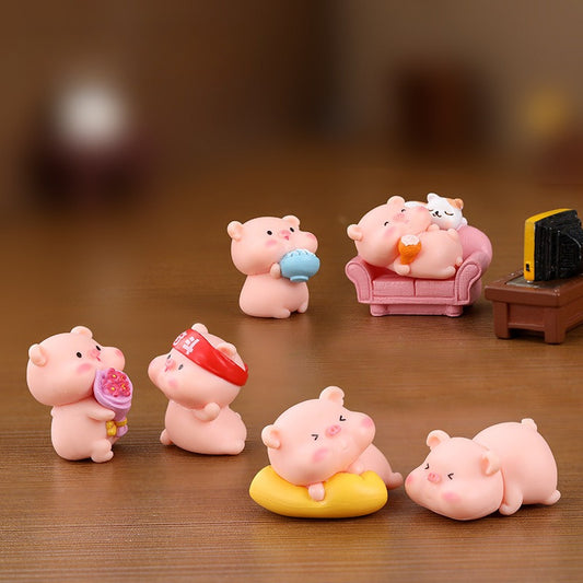 2D Flat 6pcs Miniature Landscape Ornaments Creative Cute Little Piggy Animal Doll Plastic Decorations Accessories Car Desktop Small Ornaments